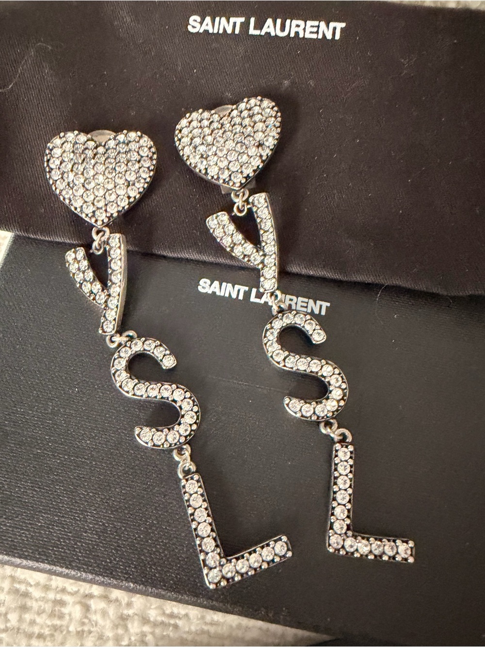 Saint Laurent Silver Crystal Heart & YSL Drop Statement Earrings